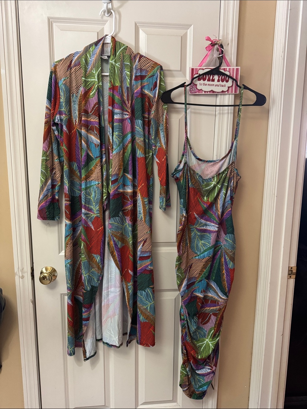 Multicolor Tropical Leaf Maxi Dress with Matching Duster
